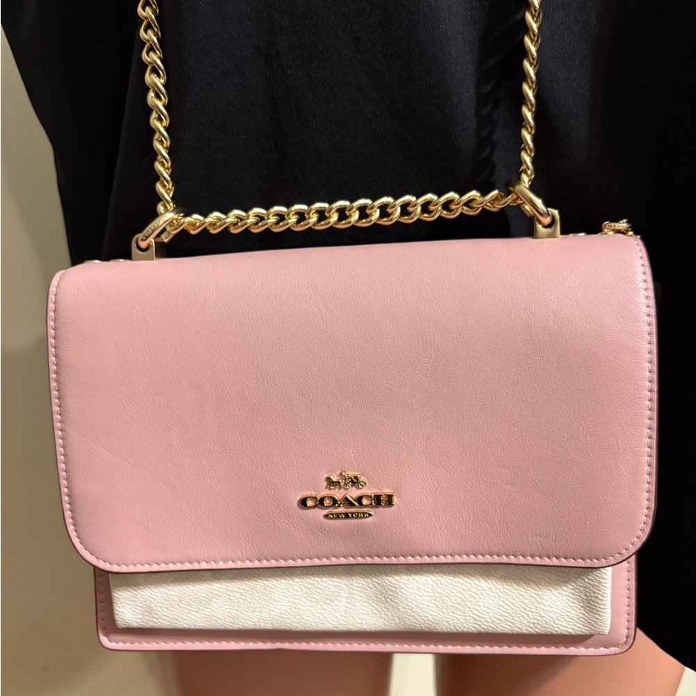 Coach Klare Crossbody Bag Signature Canvas Leather Pink Cream gold chain strap - Picture 2 of 16